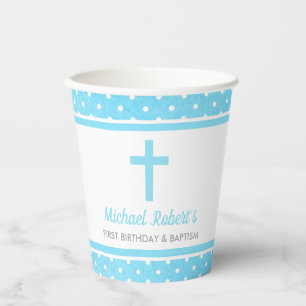 Blue Cross Boy Baby Baptism First Birthday Paper Cups