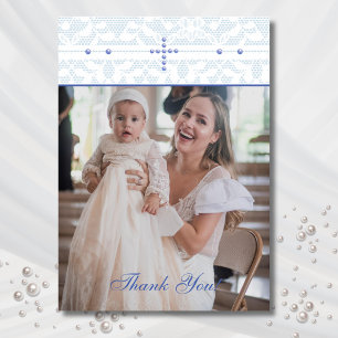 Blue Cross Christian Baptism Photo Thank You Card