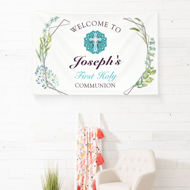 Blue Cross Floral First Holy Communion Welcome Banner (Insitu)