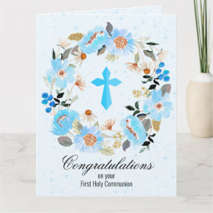 Blue Cross Floral Wreath First Communion Card