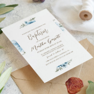 Blue Cross Flowers Fall Girl Baptism Invitation