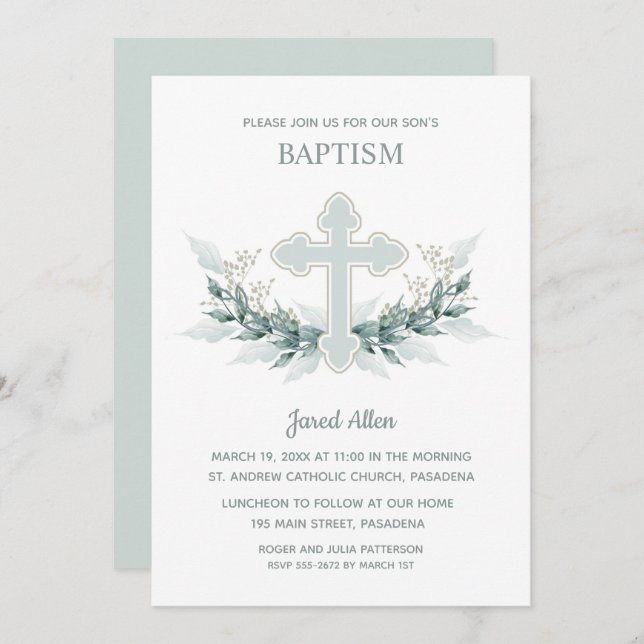 Blue Cross Greenery Baptism Invitation (Front/Back)