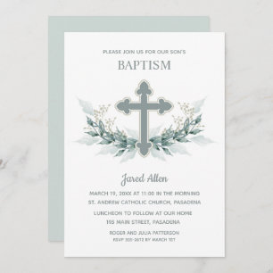 Blue Cross Greenery Baptism Invitation