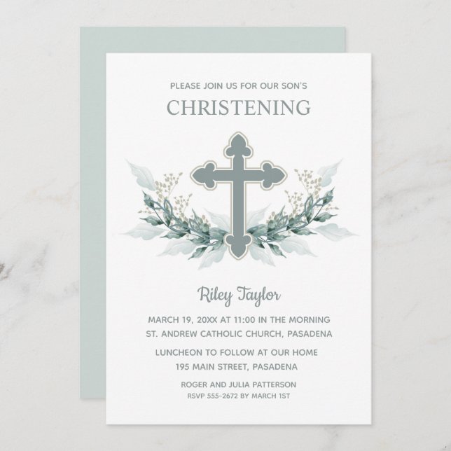 Blue Cross Greenery Christening Invitation (Front/Back)