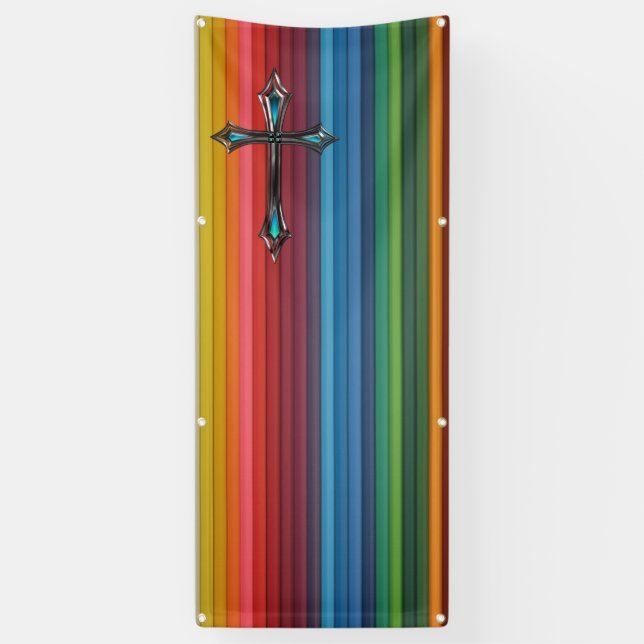 blue cross rainbow plank blank church banner (Vertical)