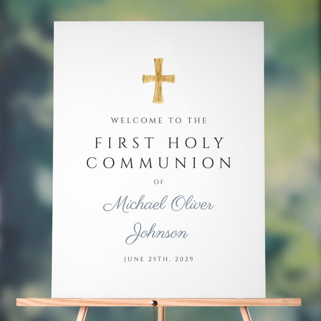 Blue Cross Religious Boy First Communion Welcome Acrylic Sign (Neutral)