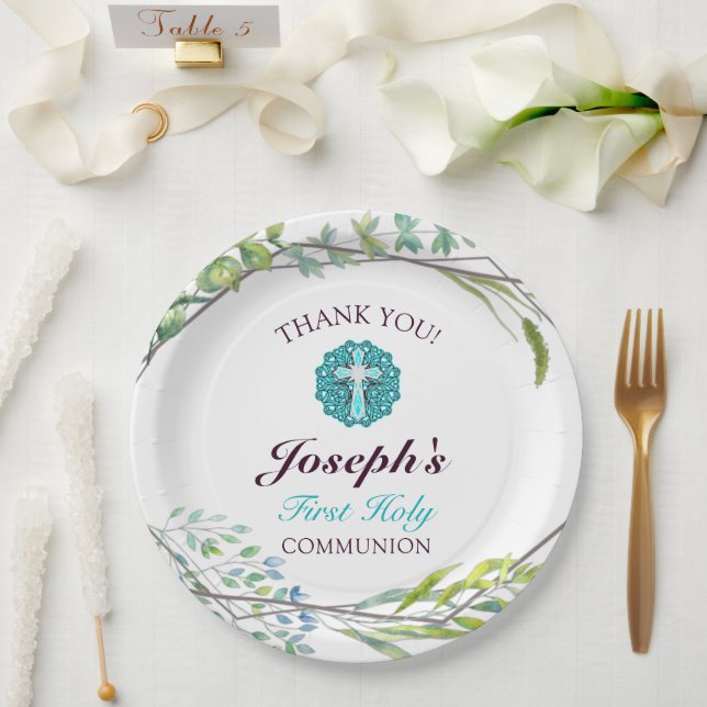 Blue Cross Spring Floral First Holy Communion  Paper Plate (Wedding)