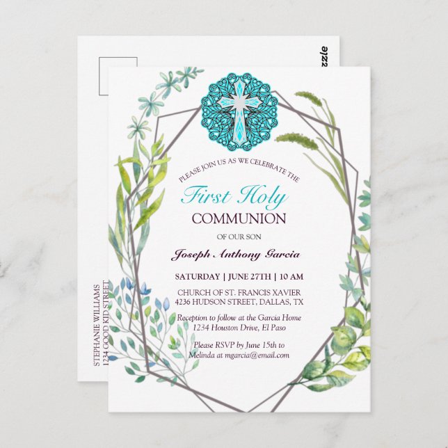Blue Cross Spring Floral First Holy Communion Postcard (Front/Back)