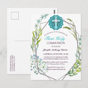 Blue Cross Spring Floral First Holy Communion Postcard