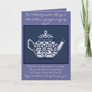 Blue cross stitch tea pot Japanese Proverb design Card