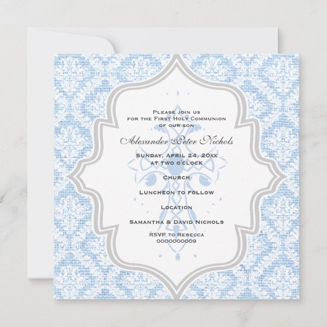 Blue Cross white damask burlap First Communion Invitation (Front)