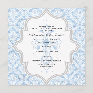 Blue Cross white damask burlap First Communion Invitation