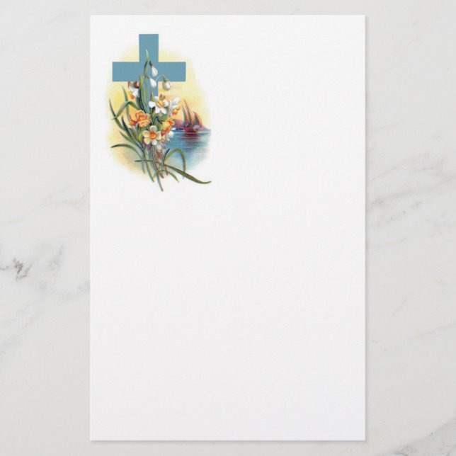 Blue Cross With Flowers And Boats Stationery (Front)