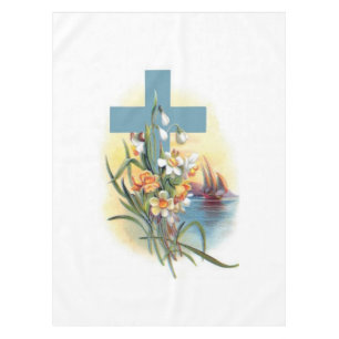Blue Cross With Flowers And Boats Tablecloth