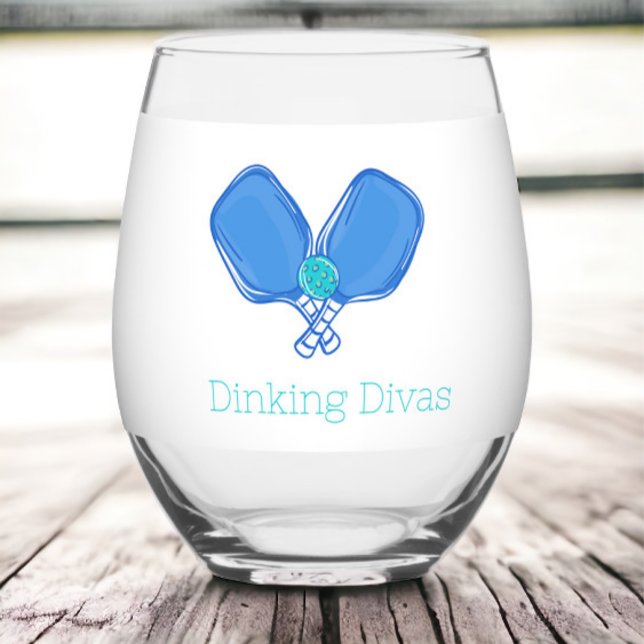 Blue Crossed Pickleball Paddles & Ball Custom Team Stemless Wine Glass (Creator Uploaded)