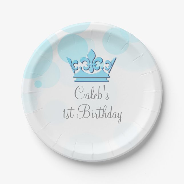 Blue Crown & Dots Royal Birthday Party Custom Paper Plate (Front)