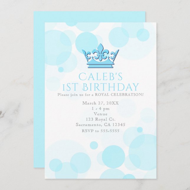 Blue Crown & Dots Royal Birthday Party Invitations (Front/Back)