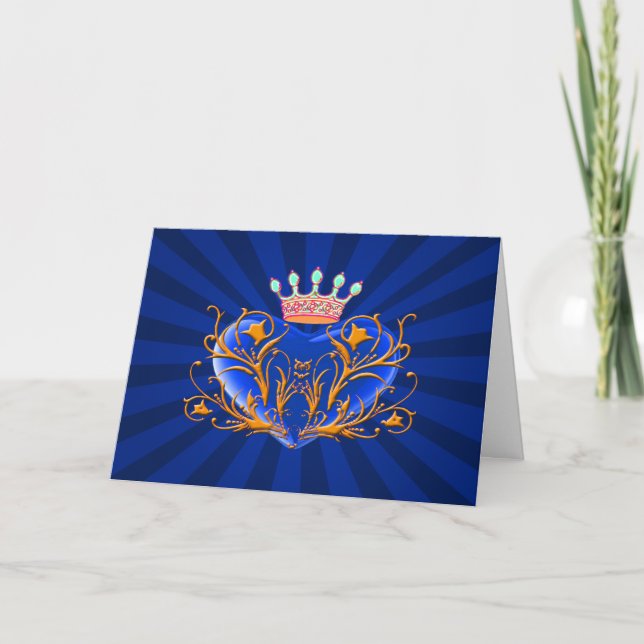 Blue Crown Filigree Heart Card (Front)