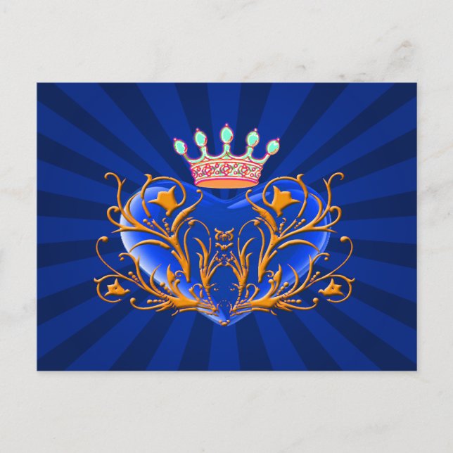Blue Crown Filigree Heart Post Card (Front)