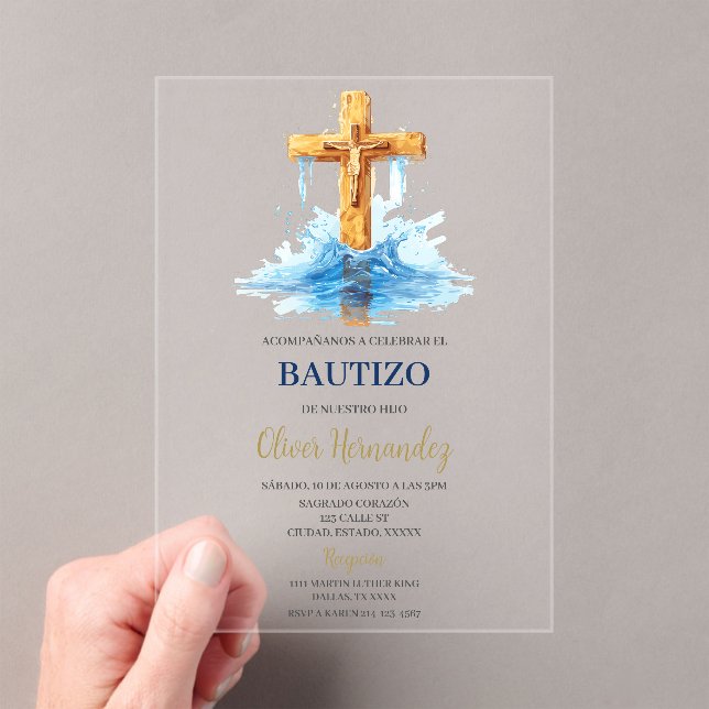 Blue crucifix baptism acrylic acrylic invitations (Insitu (Handheld))