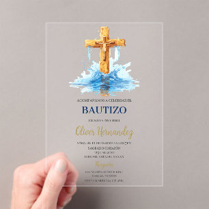 Blue crucifix baptism acrylic invitations