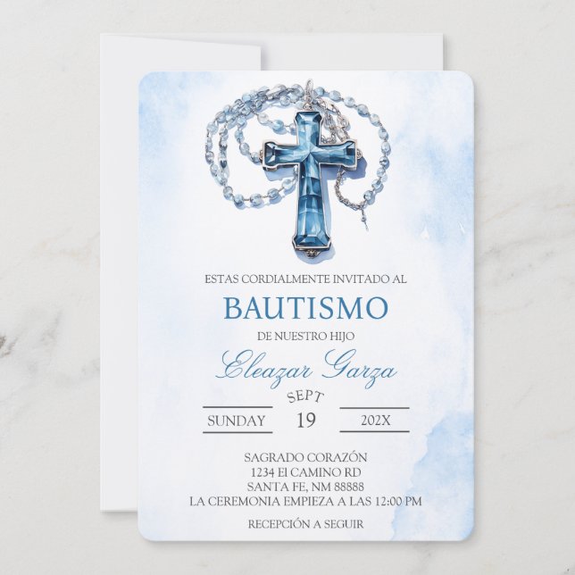 Blue Crucifix  baptism in spanish Invitation (Front)