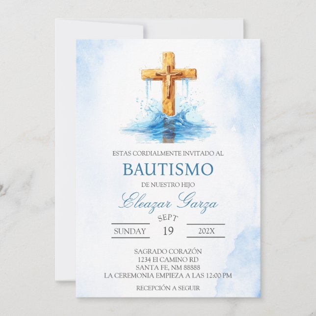 Blue Crucifix  baptism in spanish Invitation (Front)