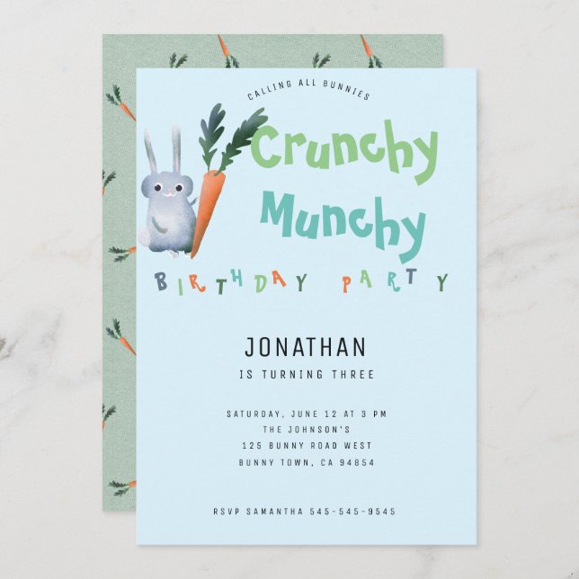 Blue Crunchy Munchy Bunny Birthday Party Cute Boy Invitation (Front/Back)