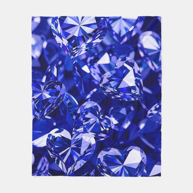 Blue Crystal Diamond Hearts Fleece Blanket (Front)