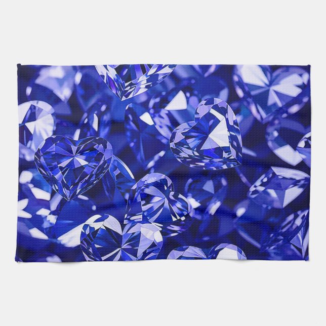 Blue Crystal Diamond Hearts Tea Towel (Horizontal)