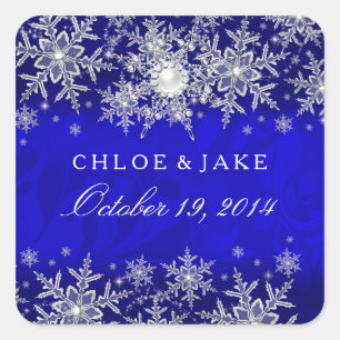 Blue Crystal Pearl Snowflake Silver Wedding Square Sticker