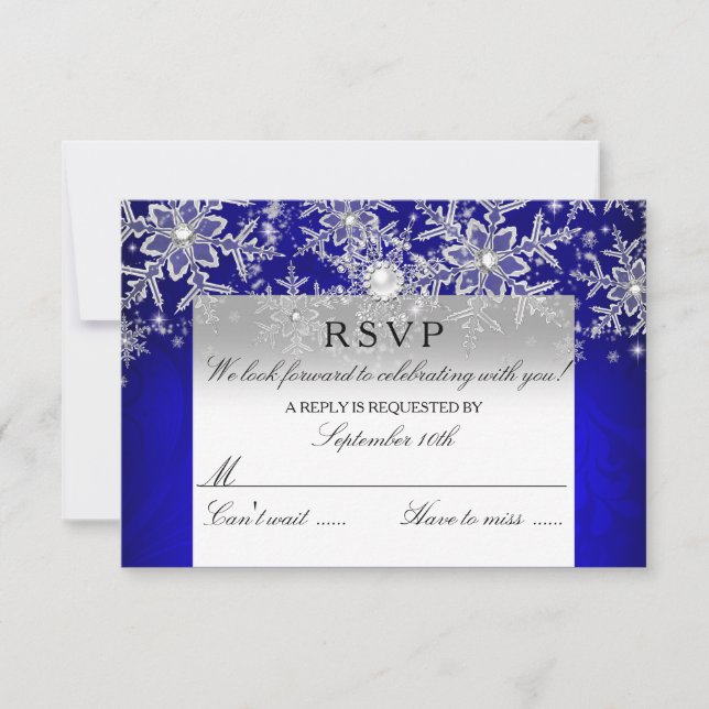 Blue Crystal Pearl Snowflake Silver Winter RSVP Card (Front)
