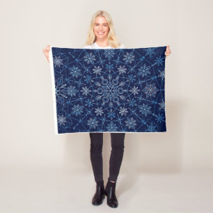 Blue Crystal Snowflake Mandala Winter Pattern Flee Fleece Blanket