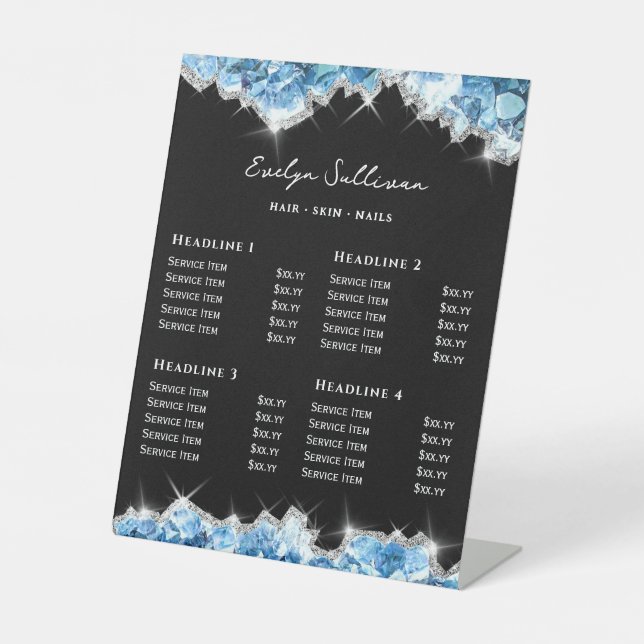 Blue crystals price list pedestal sign (Front)