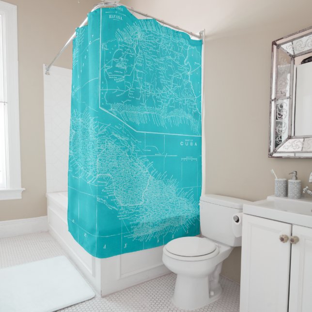 Blue Cuba Map Shower Curtain (In Situ)
