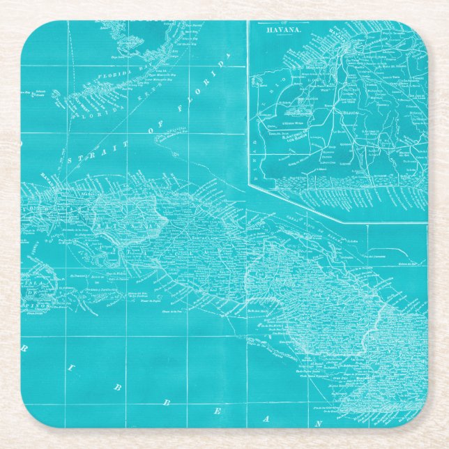 Blue Cuba Map Square Paper Coaster (Front)