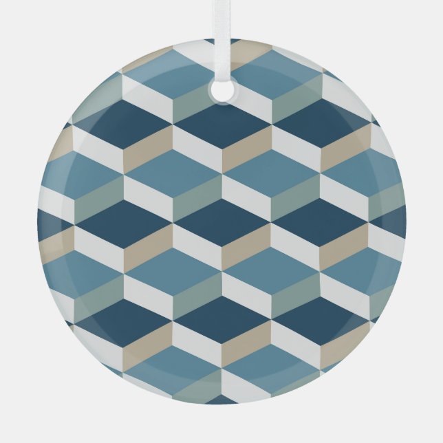 Blue Cubes: Geometric Seamless Pattern Glass Tree Decoration (Front)