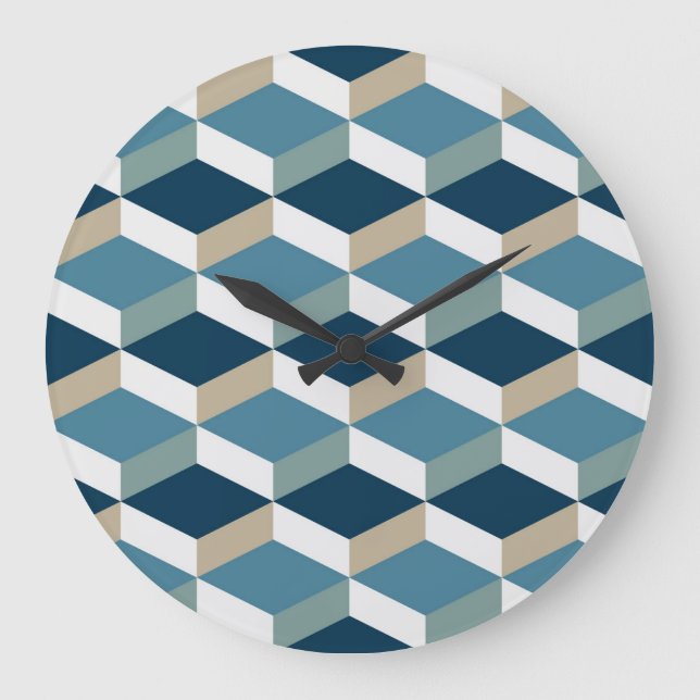 Blue Cubes: Geometric Seamless Pattern Large Clock (Front)