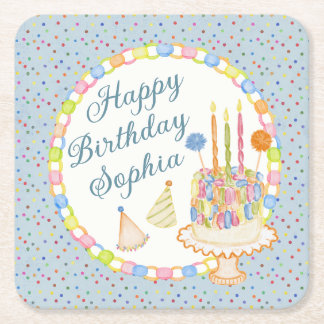 Blue Cue the Confetti Birthday Party Dessert Square Paper Coaster