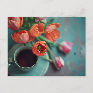 blue cup of coffee with spring tulip flowers postcard