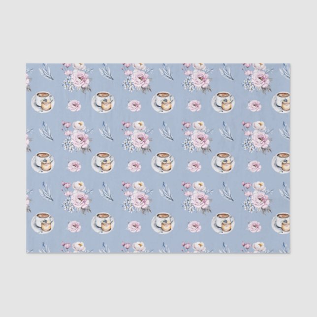 Blue Cup of Tea with Pink Flowers Tissue Paper (Front)