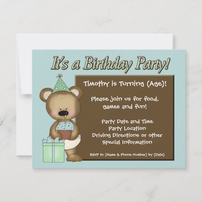 Blue Cupcake Bear Birthday Party Invitations (Front)