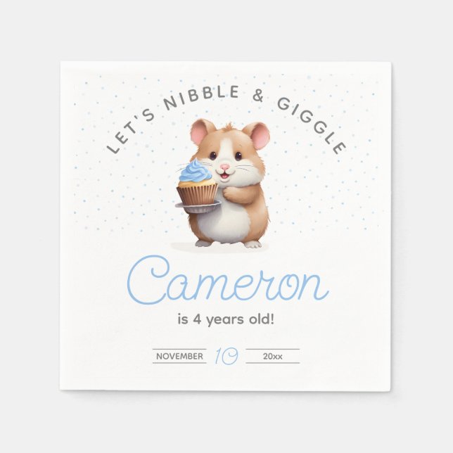 Blue cupcake hamster, nibble & giggle birthday napkin (Front)