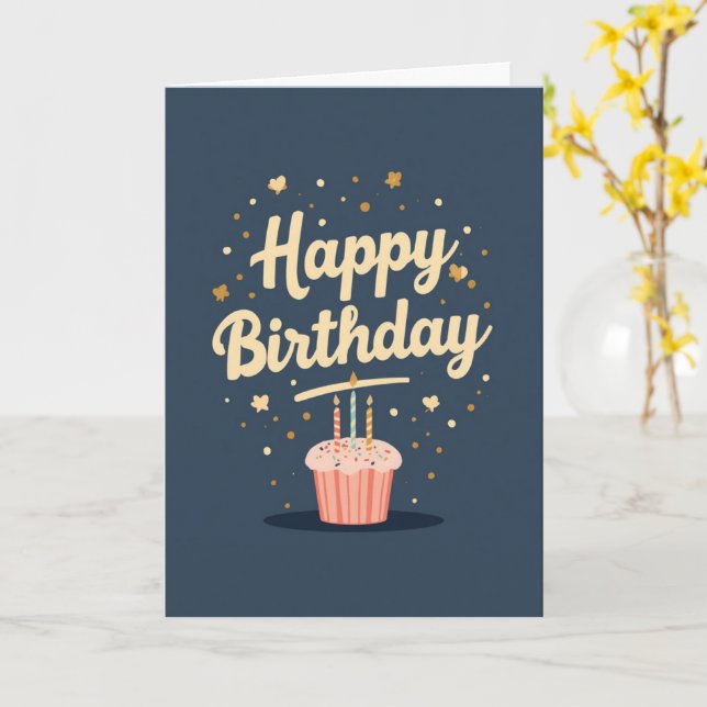 Blue Cupcake Happy Birthday Card (Yellow Flower)
