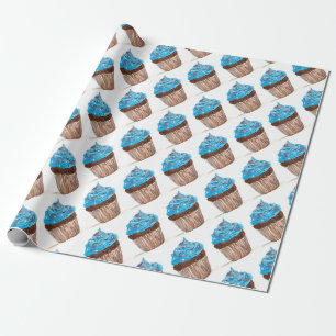 Blue cupcake party food Birthday Watercolor Baker Wrapping Paper