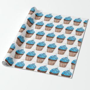 Blue cupcake party food Birthday Watercolor Baker Wrapping Paper