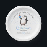 Blue cupcake penguin boy's birthday Paper Plate<br><div class="desc">Add a touch of whimsy and charm to your birthday celebration with our Cupcake Penguin Celebration paper plates. Adorned with our loveable penguin friend proudly presenting a delicious cupcake amidst a backdrop of blue confetti, these plates bring joy to any party table. The playful text 'waddle on over for cake!'...</div>