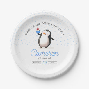 Blue cupcake penguin boy's birthday Paper Plate