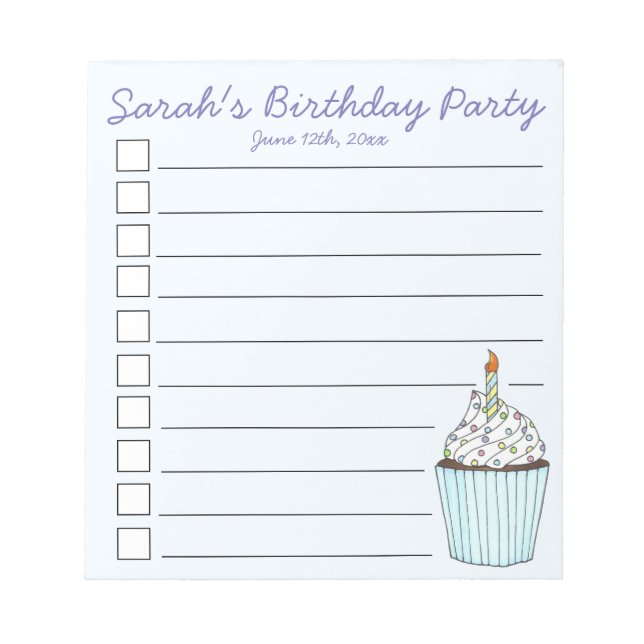 Blue Cupcake Personalised Birthday Party Favour Notepad (Front)