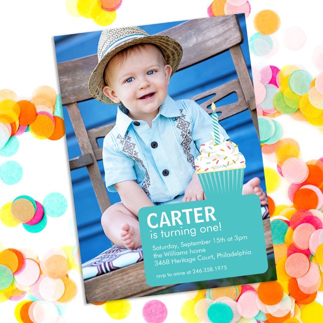 Blue Cupcake Photo First Birthday Invitation (Creator Uploaded)